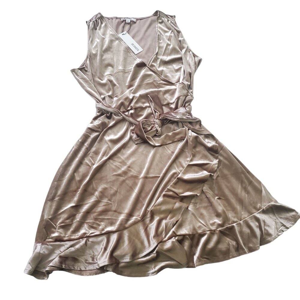 Bb Dakota women mini dress Size Large sleeveless Pale Gold Wrap Ruffle Velvet - Picture 3 of 16